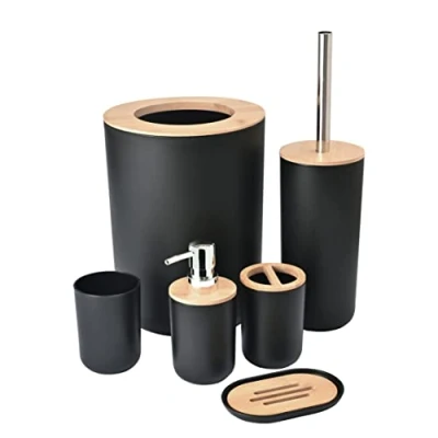Image of Yorkmills Bamboo Bathroom Accessories, 6 Pieces Black Accessory Set, Bin Toilet Brush Durable Toothbrush Holder Cup, Soap Dispenser With Pump, Dish Holder, Modern Trash Can