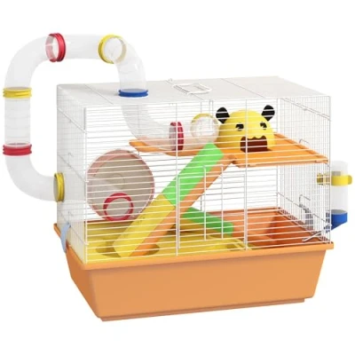Image of PawHut 3 Tiers Hamster Cage, Small Animal House with Tubes, Exercise Wheel, Ladder, Water Bottle, Dish, Hut, Top Handle, 45 x 28 37cm Orange