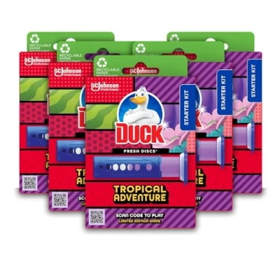 Image of Duck Fresh Discs Toilet Cleaner Starter Kit, Fights Stains That Harbour Germs, Prevents Limescale Build Up, Tropical Adventure, Pack of 5 Kits (Each Kit contains 1 x Holder + Refill Tube)