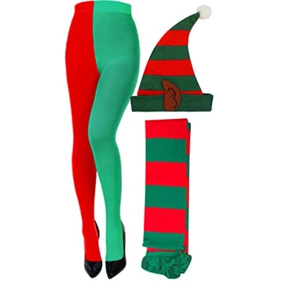 Image of labreeze Santa Helper Tights Elf Hat W/Ears Scarf Christmas Party Fancy Dress Set