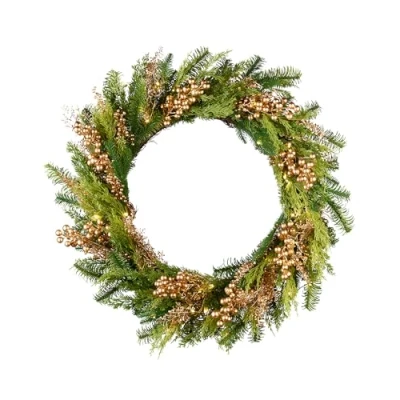 Image of Pre Lit Gold Berry Mixed Tip Wreath