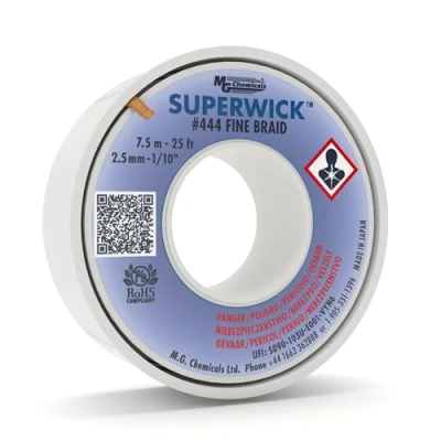 Image of MG Chemicals Desoldering Braid #4 Fine Super Wick with RMA Flux, 25&#039; Length x 0.1&quot; Width, Blue