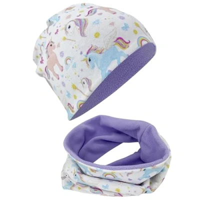 Image of HECKBO children boy girl beanie hat &amp; loop scarf set with fleece inside unicorn unicorns 2 6 years 95% cotton soft easy care stretch material kids winter spring fall
