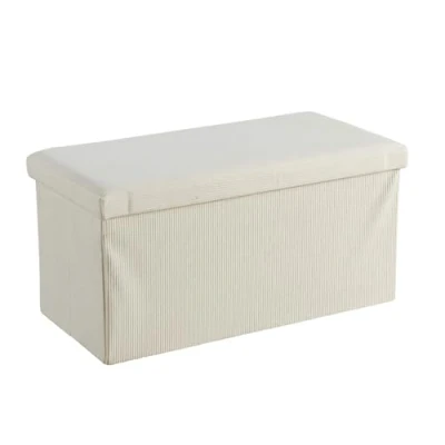 Image of Home Source Large Folding Ottoman Corduroy Fabric Storage Chest, Cream, 76cm Rectangle