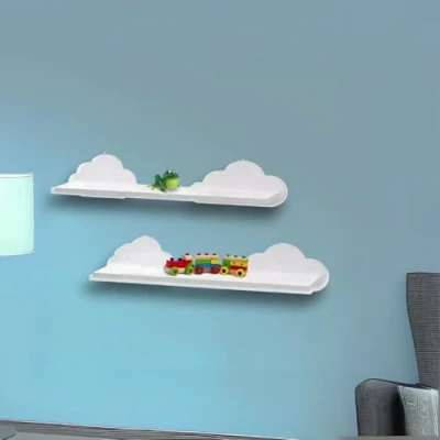 Image of HomeZone White Wooden Floating Shelves Wall Mounted Shelving Bedroom, Bathroom, Nursery Novelty Kids Storage Unit Hanging Indoor Home Decor Decorative (2pc Cloud Shelves)