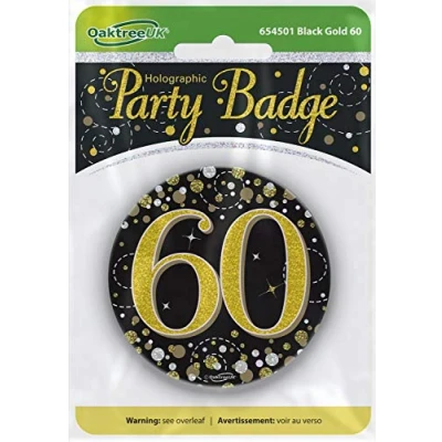 Image of OakTree 3&quot; Badge 60th Birthday Sparkling Fizz Black Gold Holographic