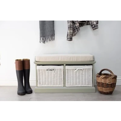 Image of Tetbury Storage Bench with Cushion Seat Hallway 2 White Wicker Baskets Liners W76cm H46cm D40cm Fully Assembled Very Sturdy (sage green)