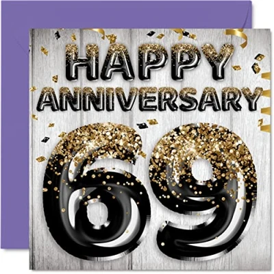 Image of Awesome 69th Anniversary Card for Husband Boyfriend Wife Girlfriend Black Gold Glitter Balloons Happy 69 Cards from Family, 145mm x Greeting Sixty Ninth Anniversaries