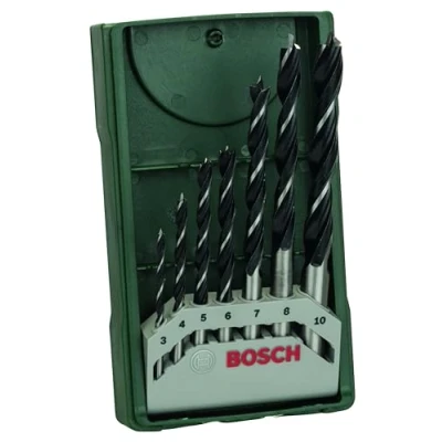 Image of Bosch 7pc. Mini X Line Brad Point Wood Drill Bit Set (for Soft and Hardwood, Ø 3 10 mm, Accessories Driver Stand)