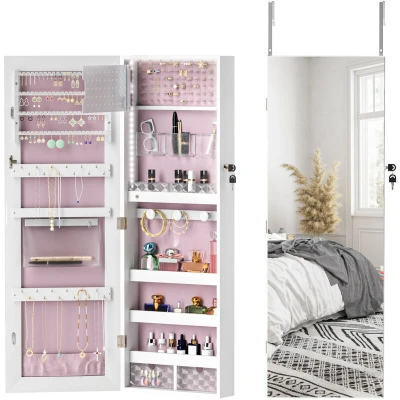 Image of HOMCOM Jewellery Cabinet with LED Lights, Door Hanging or Wall Mounted Full Length Mirror Storage, Lockable Organiser, White Surface and Pink Lining