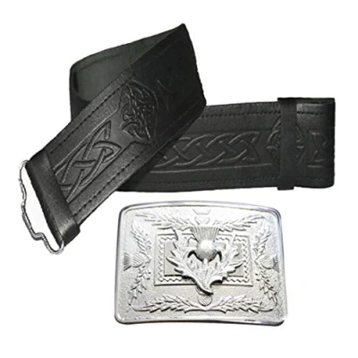 Image of Maze Leather Kilt Belt Embossed and Chrome Thistle Buckle