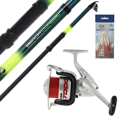 Image of DNA Leisure NGT Telescopic Beachcaster Sea Fishing 12ft (3.6m) Rod and Reel Combo + Feathers