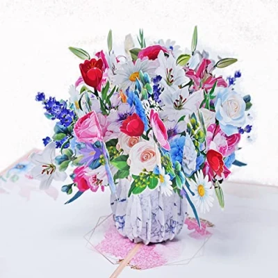 Image of Favour Pop Up® 3D a magnificent bouquet of flowers in vase, for birthdays, anniversaries, also gifts money or vouchers. TL089