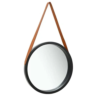 Image of vidaXL Wall Mirror Vintage Inspired mounted Dresser with Natural Paulownia Wood Frame Large Round Black and Brown Adjustable Faux Leather Strap, 50 cm Diameter