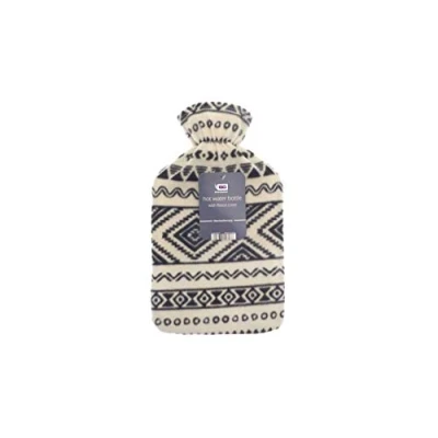 Image of Fleece hot Water Bottles 2litre Multiple Designs Easy Removable Cover Soft and Cosy (Black creamPatterened)