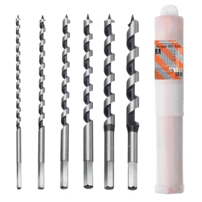 Image of HPMAISON Auger Bit, 6 PCS Bit Set Hex Drill Bits 230mm, of in Spiral Stainless Steel with 6mm 8mm 10mm 12mm 14mm 16mm