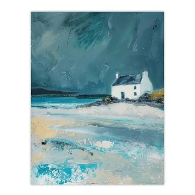 Image of Artery8 White Scottish Cottage Coastal Hills Oil Painting Living Room Large Wall Art Poster Print Thick Paper 18X24 Inch