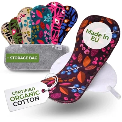 Image of Reusable Sanitary Pads, 7 Pack Multi Size Organic Cotton Washable Pads Eco Made in EU; Period Cloth Menstrual; Incontinence for Women
