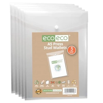Image of eco A5 50% Recycled Clear Transparent Portrait Press Stud Popper Wallet, Plastic Folders 230x170mm (Pack of 5), 200mic, eco158