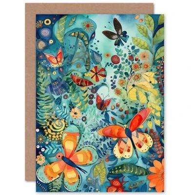 Image of Artery8 Butterfy Insects in Flower Field Modern Folk Art Nature Birthday Sealed Greeting Card Plus Envelope Blank inside