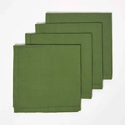 Image of HOMESCAPES Four Dark Olive Green Napkins 100% Cotton 18 x Inch (45 45 cm) Easy care table Hand Woven Machine Washable
