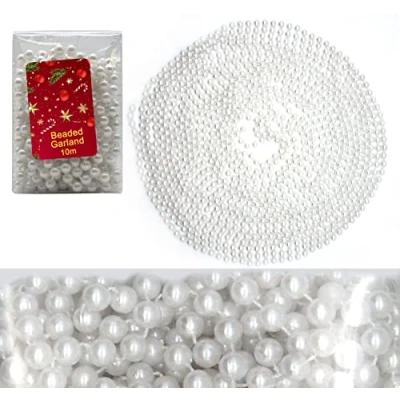 Image of HOVUK® 10M Shiny Bead Garland, Shatterproof Pearl White Chain, Plastic Beads Christmas Traditional Luxury Tree Decoration