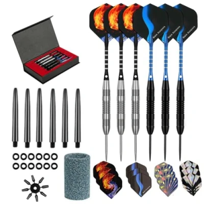 Image of HRLORK Professional Darts Set Steel Tip Dart Flights Black and Blue Aluminum Shafts 6 Packs