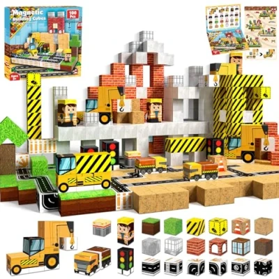 Image of ToyUnited Magnetic Blocks, 100PCS Building Blocks for 3+ Years Boys and Girls, Tiles Cubes Montessori Construction Toys Kids Halloween Christmas Birthday Gifts Engineering car