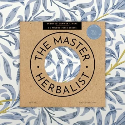 Image of the Master Herbalist Fragrant FRESH LINEN Scented Drawer Liners in a BLUE WILLIAM MORRIS Design (FOLDED) Pack of 5 Sheets Contains Essential Oils Made UK