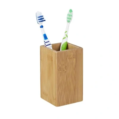 Image of Relaxdays Bamboo Square Toothbrush Holder with Natural Design, Brown, 11.5 x 6.5 cm