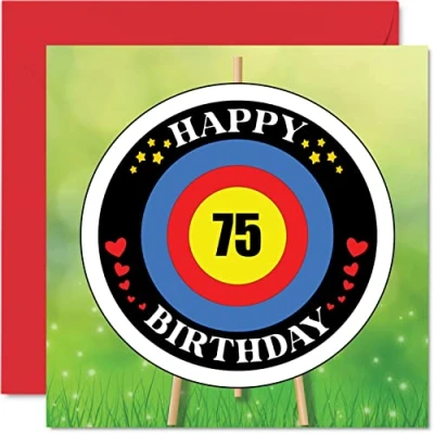 Image of Fun 75th Birthday Cards for Men Woman Target Age Happy Card Dad Mum Great Grandad Grandpa Nanny Grandma Gran Uncle Auntie, 145mm x Greeting Cards, Playful
