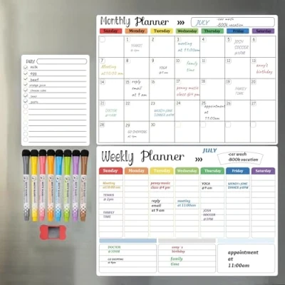 Image of Hivillexun 3 Pack Magnetic Dry Erase Calendar Whiteboard Set for Fridge, Wall &amp; Refrigerator Organisation Monthly, Weekly Daily Planners Includes 8 Markers Eraser