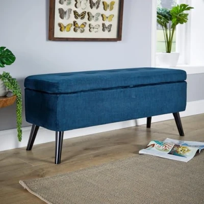 Image of Home Source Storage Ottoman Chest, Velvet Bedding Box, Wooden Legs, Navy