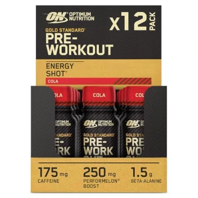 Image of Optimum Nutrition Gold Standard Pre Workout Energy Shot, Ready to Drink Food Supplement with Beta Alanine, Caffeine, PerforMelon Boost and Vitamin B6 B12, Cola Flavour, 12 Pack, x 60 ml