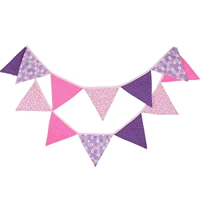 Image of G2PLUS Double Sided Fabric Bunting Banner, Two Layer Triangle Floral Bunting, 3.3M with 12PCS Purple and Pink Pennants, Cotton Shabby Chic Garland for Bedroom Brithday Tea Party Decorations