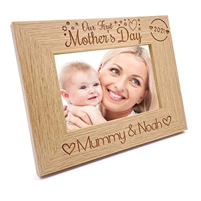 Image of ukgiftstoreonline Personalised Our first Mothers Day Photo Frame Oak wood finish Landscape (4 x 6 Inch)