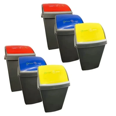 Image of Large Grey 50 Litre Commercial Waste Utility Recycling Bins Set Of 3 With Colour Coded Swing Lids Blue, red &amp; Yellow (Set 1 Yellow, Blue)