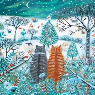 Image of Charity Christmas Cards Pack of 8 BHF, Marie Curie, Mind, NSPCC, Shelter Cats in the Snow Winter Lookout Made UK Eco Friendly