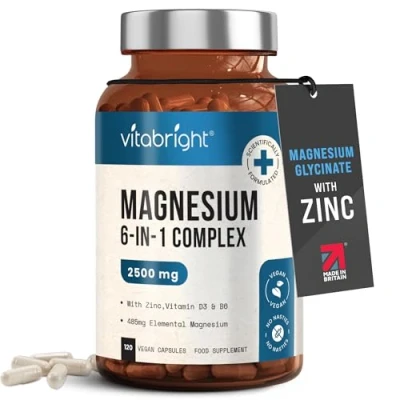 Image of Magnesium Glycinate 6 in 1 Complex 2500mg, 485mg Elemental Supplements High Strength, With Zinc, Vitamin D3 &amp; B6, Chelated Tablets Citrate, Bisglycinate, Malate, Made VitaBright UK