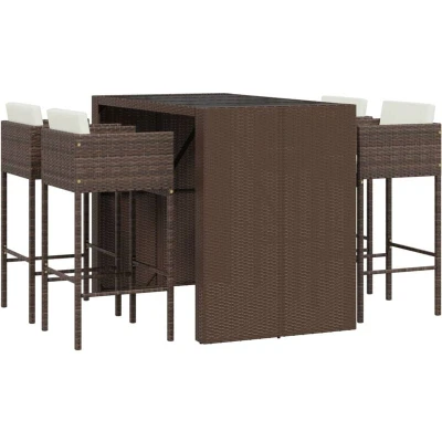 Image of vidaXL 5 Piece Garden Bar Set Poly Rattan Outdoor Furniture with Cushions, Tempered Glass Tabletop, Comfortable Seating Patio, Backyard, Deck, Brown/Cream White