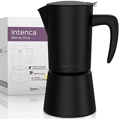 Image of bonVIVO Moka Pot 6 Cup Intenca Stainless Steel Espresso Maker w/Black Finish Stove Top Italian Coffee 300ml Gifts for Men and Women