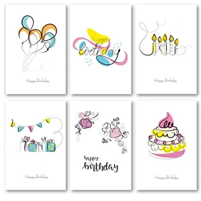 Image of Absolutely Yours Birthday Cards Pack of 48. Each Card box includes 6 Line Art Happy Designs. Blank Inside. Bulk and Envelopes