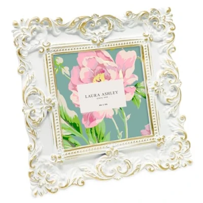 Image of Laura Ashley 4x4 White &amp; Gold Ornate Textured Hand Crafted Resin Picture Frame w/Easel Hook for Tabletop Wall Display, Decorative Floral Design Home Décor, Photo Gallery, Art (4x4, White/Gold)