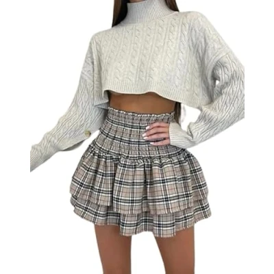 Image of Best Look Women Ladies Frill Mini RARA Skirt Tartan Check Pleat Gathering Party (UK, Alpha, L, Regular, Beige Tartan)