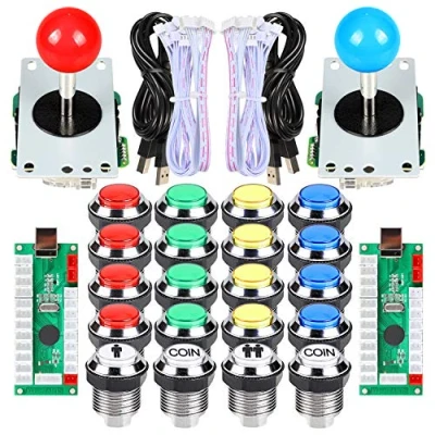 Image of 2 Player Arcade Contest DIY Kits USB Encoder To PC Joystick + 8 Ways Sticker Chrome LED Illuminated Push Button 1 &amp; Coin Buttons For Mame Raspberry Pi 3 3B Games
