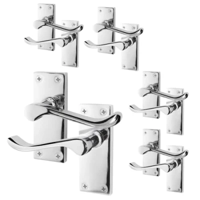 Image of EAI Polished Chrome Victorian Scroll Door Handles 5 Pairs of Internal Lever Latch on Backplate