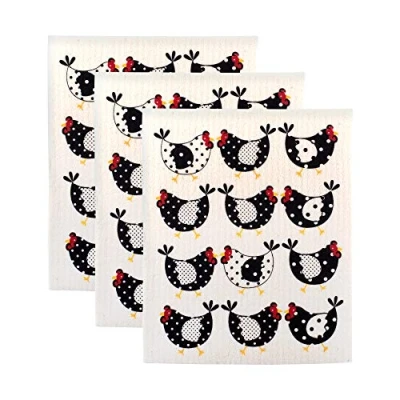 Image of DII Swedish Dishcloths for Kitchen &amp; Cleaning, Reusable, Machine Washable Dishwasher Safe, Biodegradable, 7.75 x 6.75, Chickens, 3 Piece