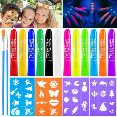Image of UZSUZZ UV Neon Glow Face Paint Crayons Set, 12 Colors Non Toxic Ultraviolet Body Set with 6 Neon+6 Normal Crayons, 4 Stencils, 2 Brushes, for Adults Kids Halloween Makeup Party Cosplay