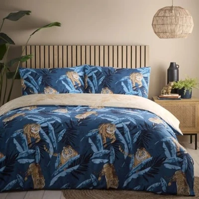 Image of Simply Charlotte Tiger Single Duvet Cover Reversible Bedding Bed Set Blue