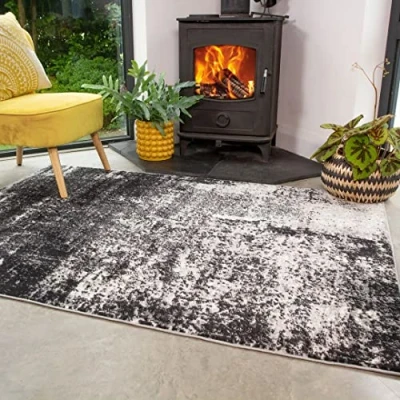 Image of Contemporary Monochromatic Black and White Abstract Distressed Style Rug Arty Soft Plush Textured Ombre Multi tone Durable Affordable Living Room Area Bedroom Hallway Rugs 190cm x 280cm